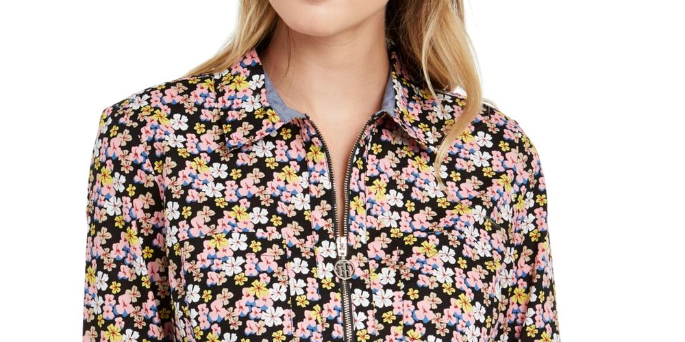 Blusa feminina Tommy Hilfiger com decote floral e zíper, rosa, tamanho pequeno