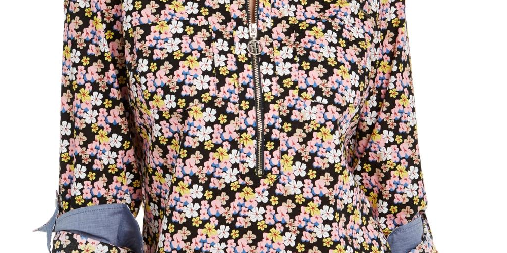 Blusa feminina Tommy Hilfiger com decote floral e zíper, rosa, tamanho pequeno