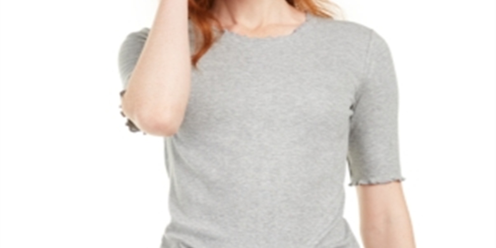 Blusa feminina Maison Jules com decote redondo e manga cotovelo, cinza, tamanho médio