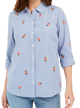 Camisa feminina listrada de algodão bordada Charter Club, azul e branca, tamanho pequeno e médio