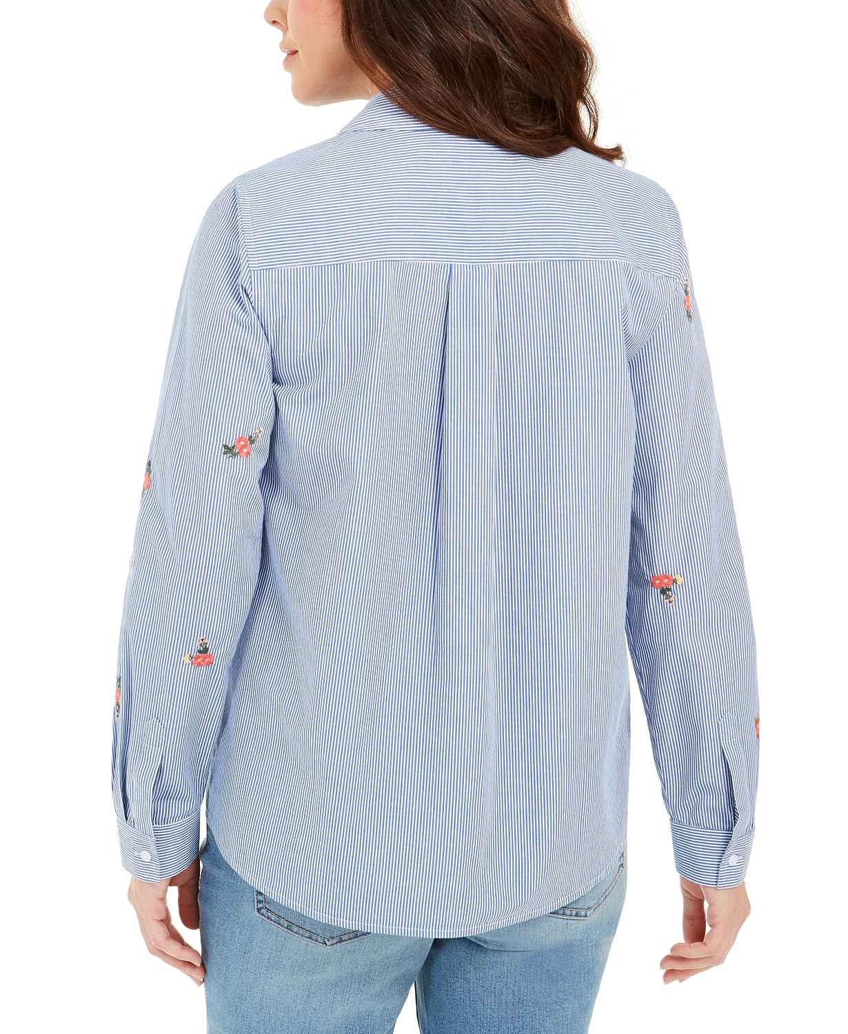 Camisa feminina listrada de algodão bordada Charter Club, azul e branca, tamanho pequeno e médio