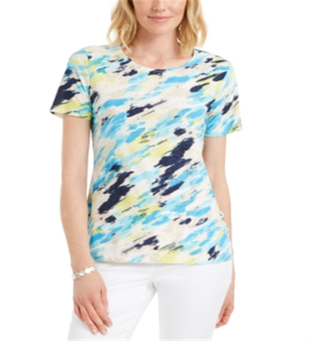 Camiseta feminina estampada com gola redonda JM Collection, azul, tamanho X-S