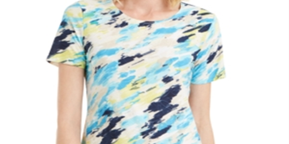 Camiseta feminina estampada com gola redonda JM Collection, azul, tamanho X-S