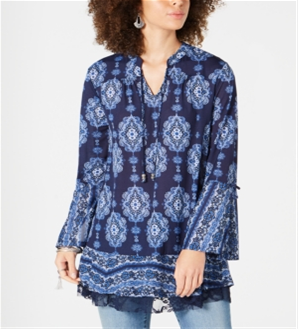 Túnica feminina com estampa de renda e manga sino, estilo &amp; co, azul, tamanho extrapequeno