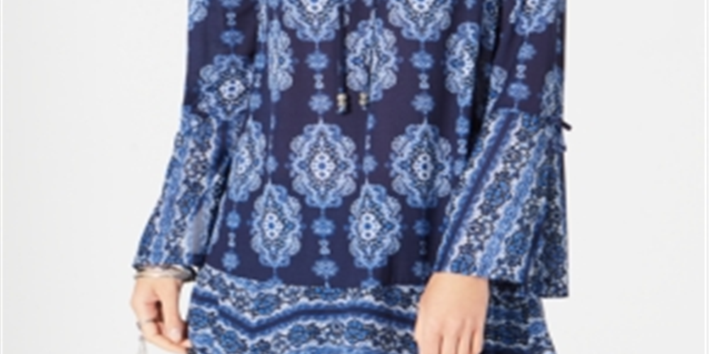 Túnica feminina com estampa de renda e manga sino, estilo &amp; co, azul, tamanho extrapequeno