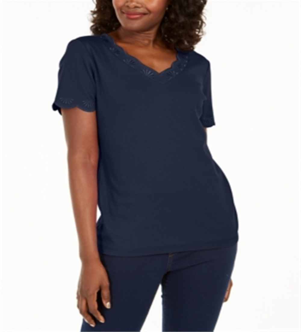 Camiseta feminina Karen Scott de algodão com decote em V e estampa recortada, azul, tamanho médio