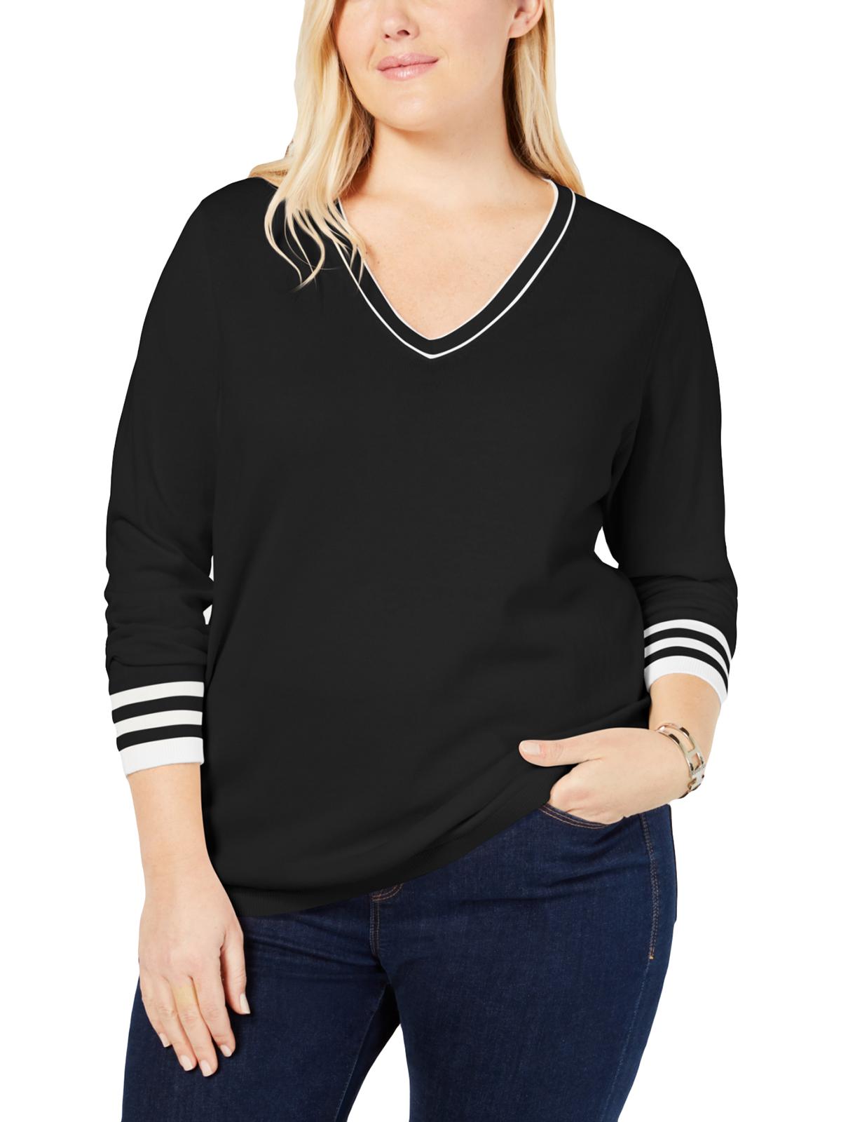Suéter feminino Tommy Hilfiger Plus Cotton com decote em V, preto, tamanho 1X