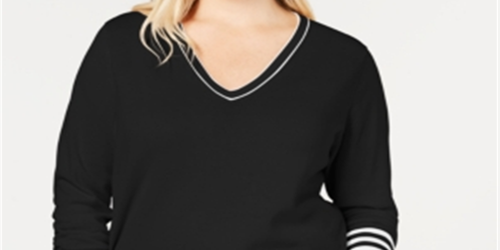 Suéter feminino Tommy Hilfiger Plus Cotton com decote em V, preto, tamanho 1X