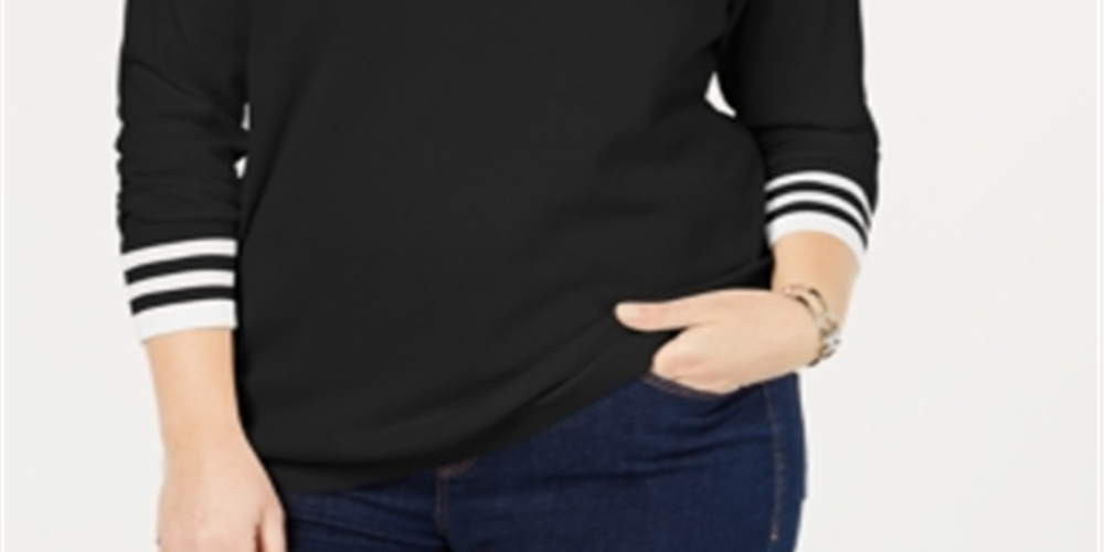 Suéter feminino Tommy Hilfiger Plus Cotton com decote em V, preto, tamanho 1X
