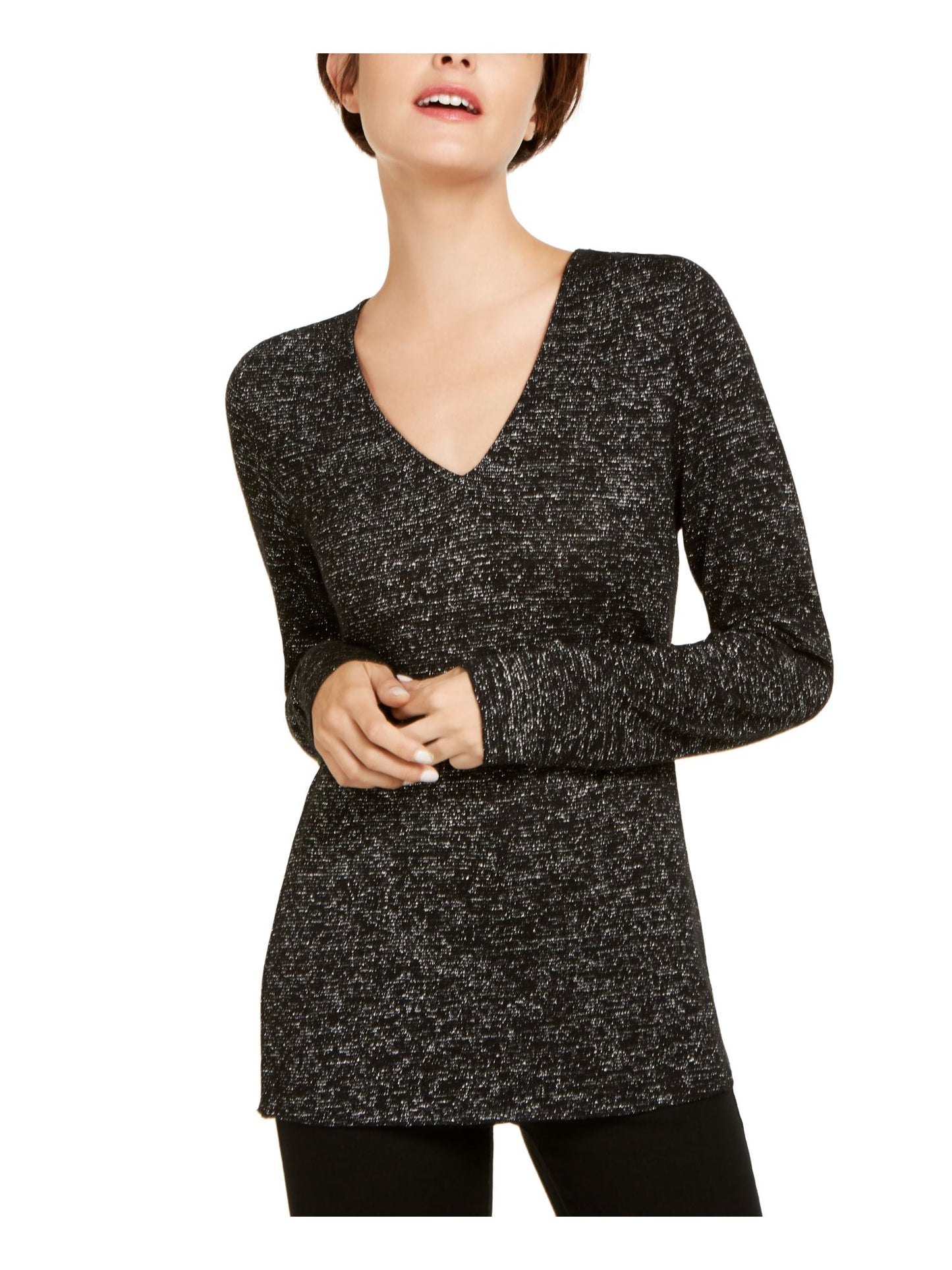 Suéter feminino com glitter e manga comprida e gola V da INC International Concepts, preto, tamanho pequeno
