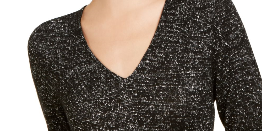 Suéter feminino com glitter e manga comprida e gola V da INC International Concepts, preto, tamanho pequeno