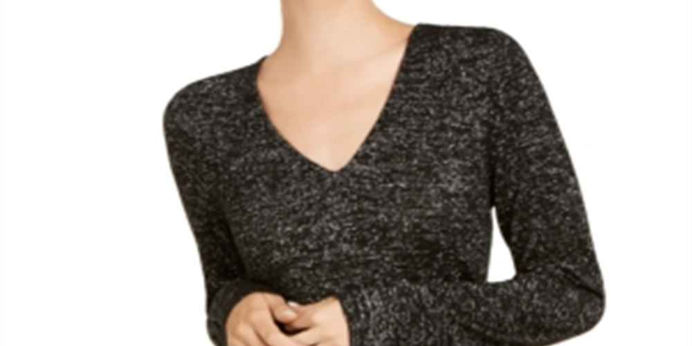 Suéter feminino com glitter e manga comprida e gola V da INC International Concepts, preto, tamanho pequeno