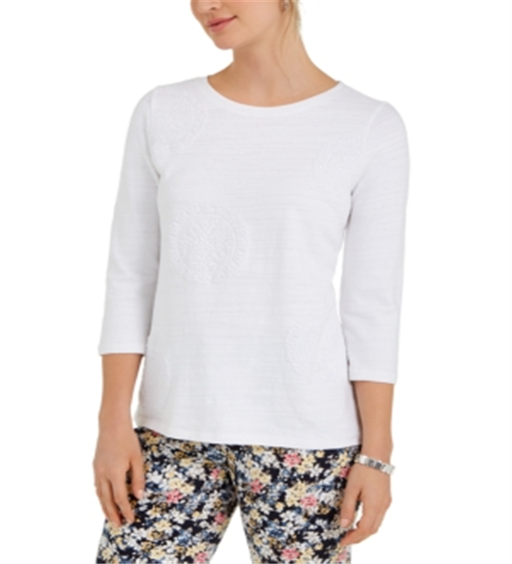Charter Club Blusa feminina estampada com manga 3/4, branca, tamanho grande