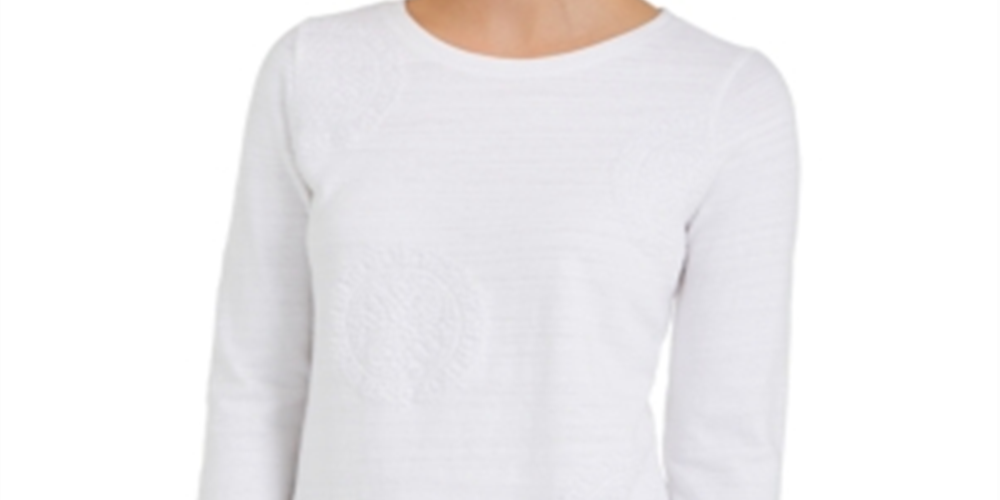 Charter Club Blusa feminina estampada com manga 3/4, branca, tamanho grande