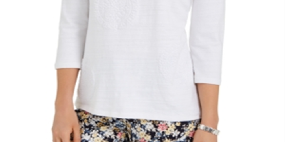 Charter Club Blusa feminina estampada com manga 3/4, branca, tamanho grande