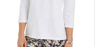 Charter Club Blusa feminina estampada com manga 3/4, branca, tamanho grande