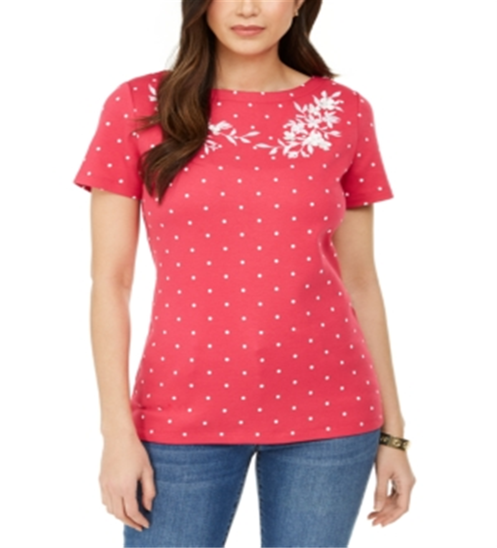 Karen Scott Blusa feminina de algodão com decote canoa e estampa bordada, rosa, tamanho pequeno