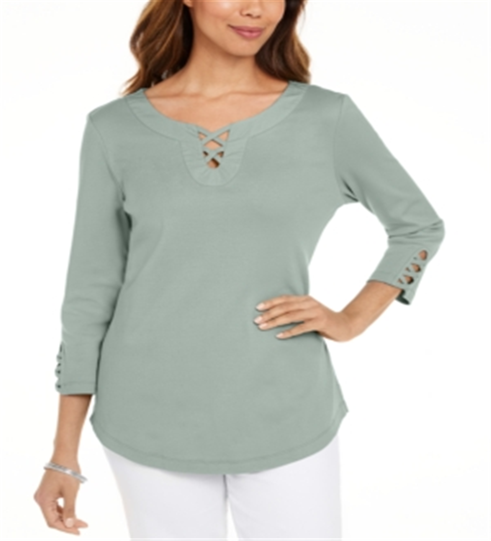 Camiseta feminina Karen Scott de algodão com cadarço Aqua Chill tamanho P