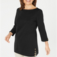 Karen Scott Blusa de algodão feminina com botões laterais e manga 3/4, preta, tamanho pequeno