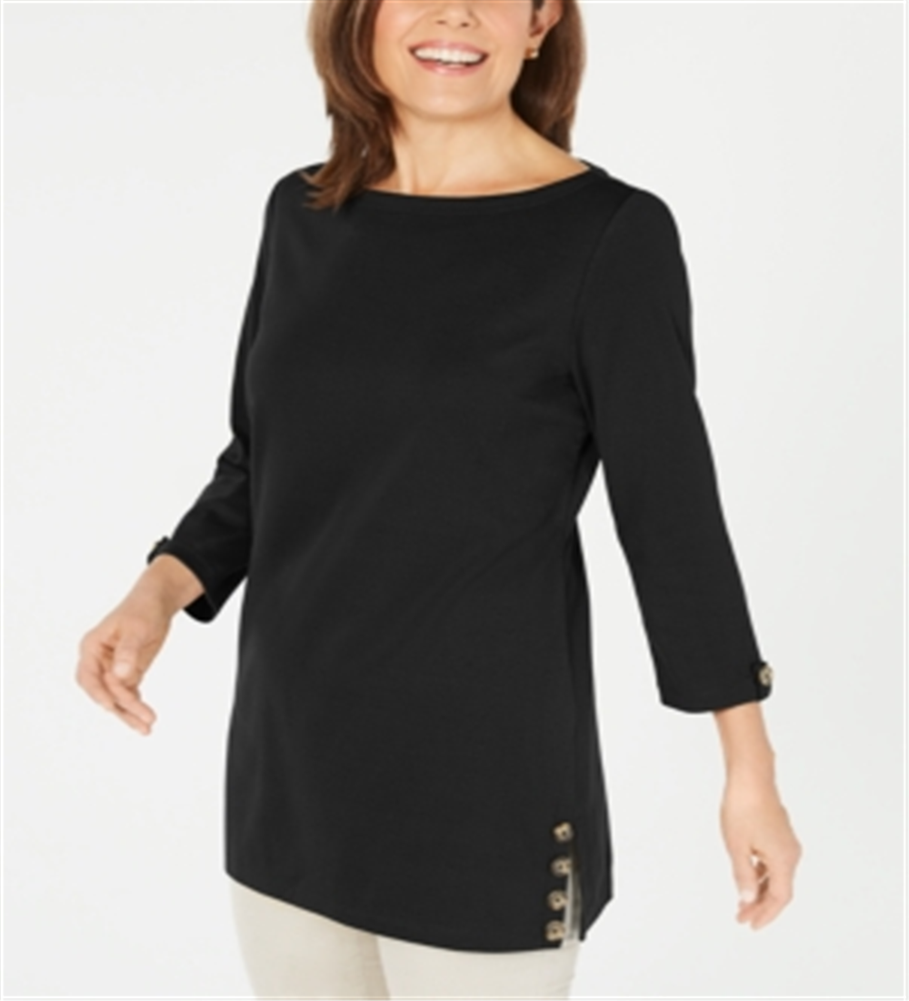 Karen Scott Blusa de algodão feminina com botões laterais e manga 3/4, preta, tamanho pequeno