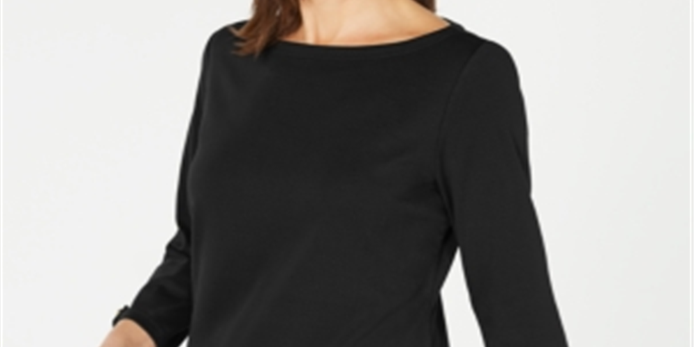 Karen Scott Blusa de algodão feminina com botões laterais e manga 3/4, preta, tamanho pequeno