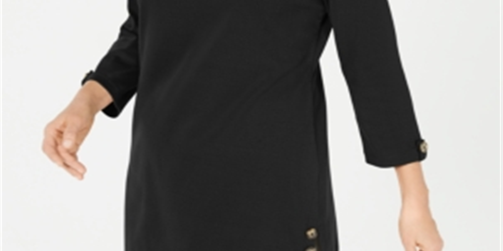 Karen Scott Blusa de algodão feminina com botões laterais e manga 3/4, preta, tamanho pequeno