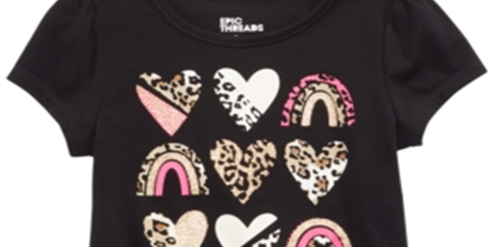 Camiseta infantil Epic Threads com estampa de corações de animais, preta, tamanho 6