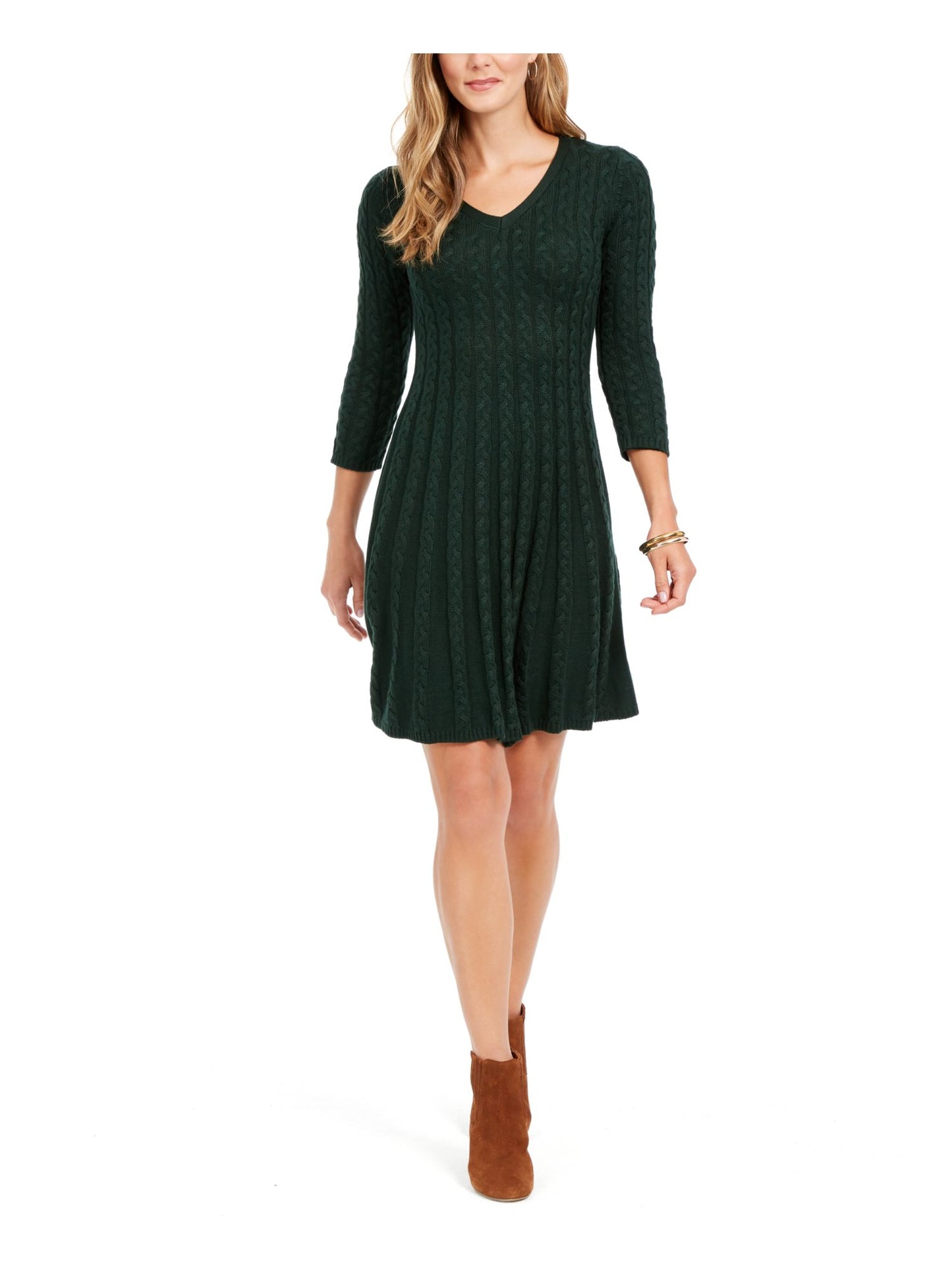 Vestido curto evasê feminino Jessica Howard, manga 3/4, decote em V, verde, tamanho extragrande