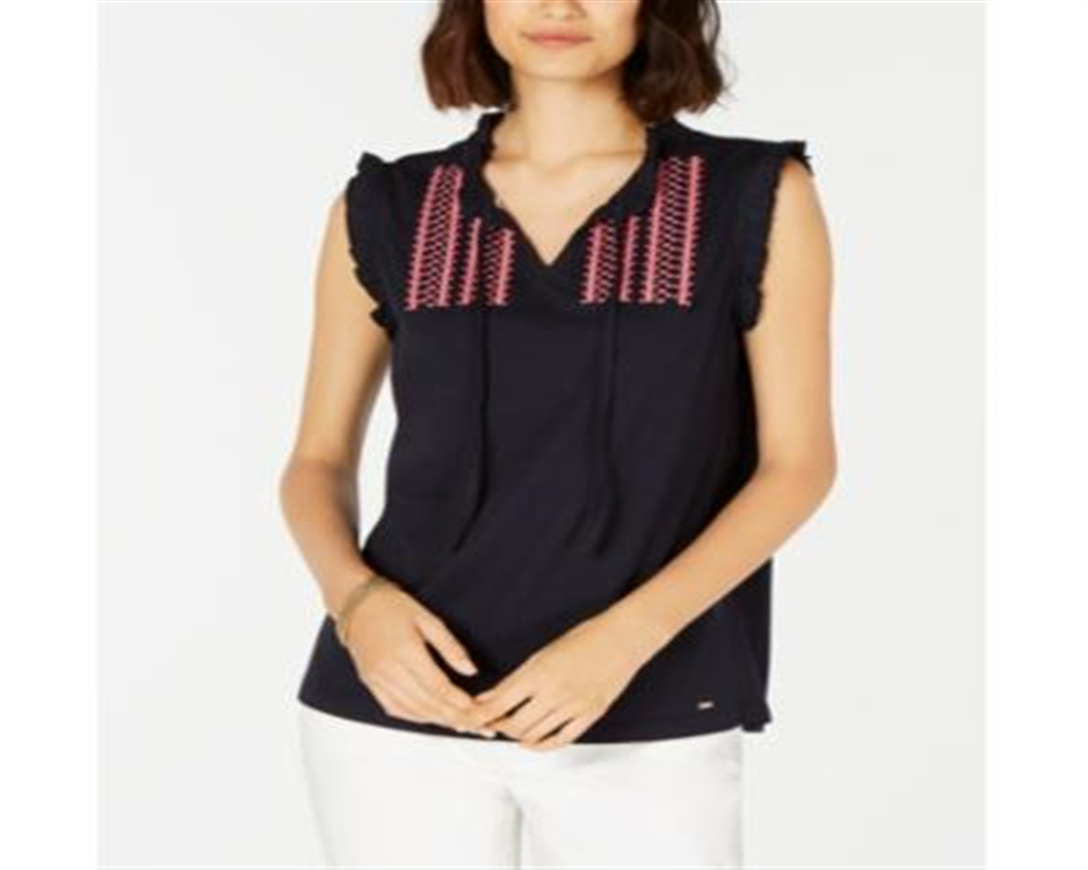 Tommy Hilfiger Regata Feminina Bordada com Decote em V Azul Marinho Tamanho XXG