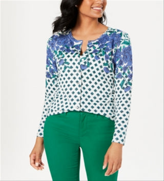 Cardigan feminino com estampa floral brilhante Charter Club, branco/verde, tamanho médio