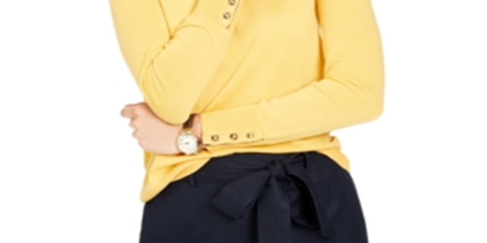 Suéter feminino de lã merino com punho de botão Charter Club, amarelo, tamanho pequeno