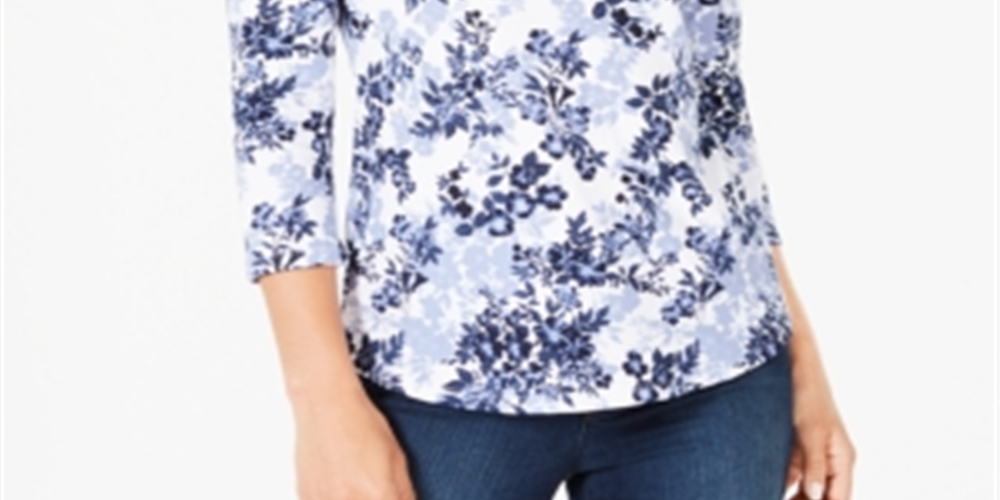 Camiseta feminina Charter Club de algodão Pima com estampa floral azul, tamanho grande