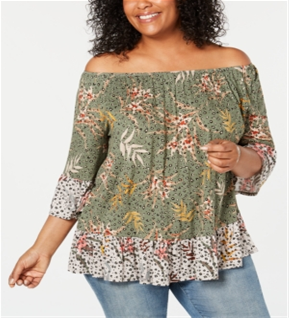 Blusa feminina plus size estampada ombro a ombro verde tamanho 0X da Style &amp; Co