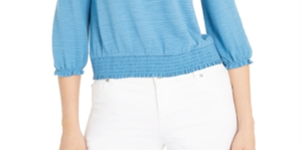 INC International Concepts Top feminino ombro a ombro amassado estilo camponês azul tamanho extragrande