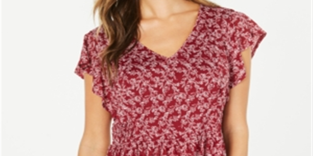 Top peplum estampado com mangas esvoaçantes feminino Style &amp; Co, vermelho, tamanho pequeno