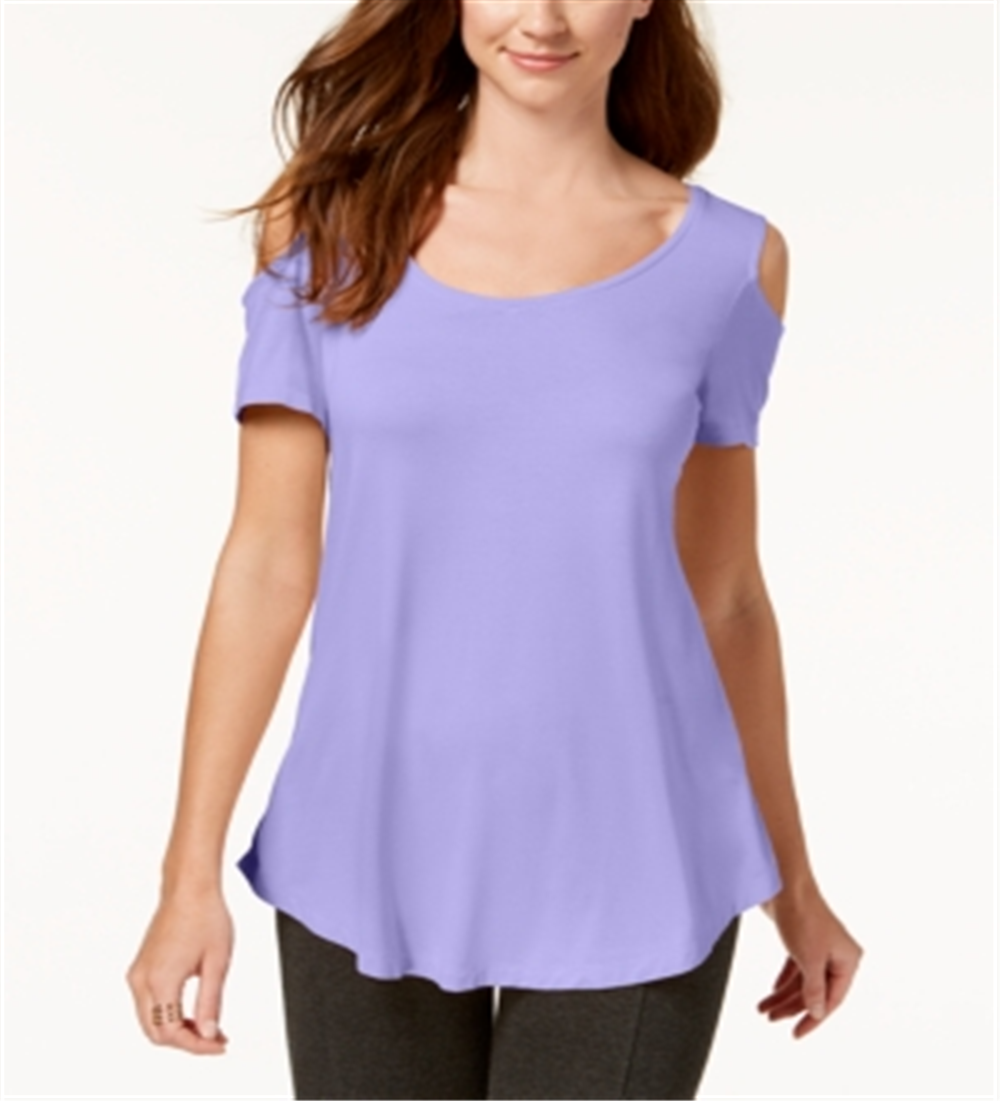 Camiseta feminina JM Collection com ombros descobertos e mangas rodadas, roxa, tamanho X-S