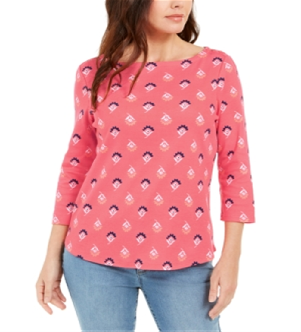 Top feminino com estampa de gola canoa Charter Club, vermelho, tamanho médio