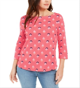 Top feminino com estampa de gola canoa Charter Club, vermelho, tamanho médio