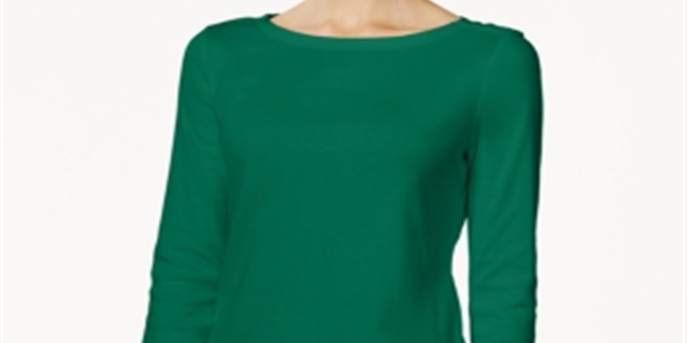 Charter Club Blusa feminina de algodão Pima com decote canoa e botões, verde, tamanho X-S
