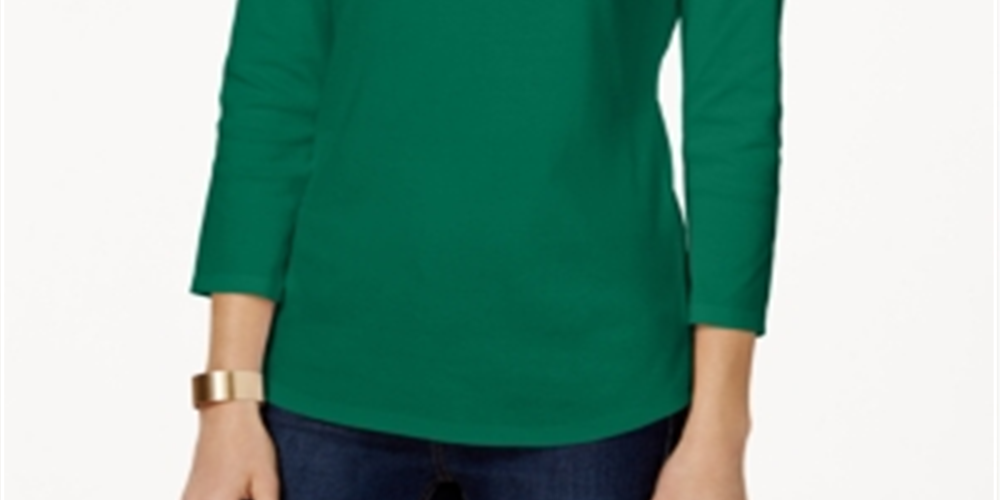 Charter Club Blusa feminina de algodão Pima com decote canoa e botões, verde, tamanho X-S