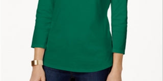 Charter Club Blusa feminina de algodão Pima com decote canoa e botões, verde, tamanho X-S