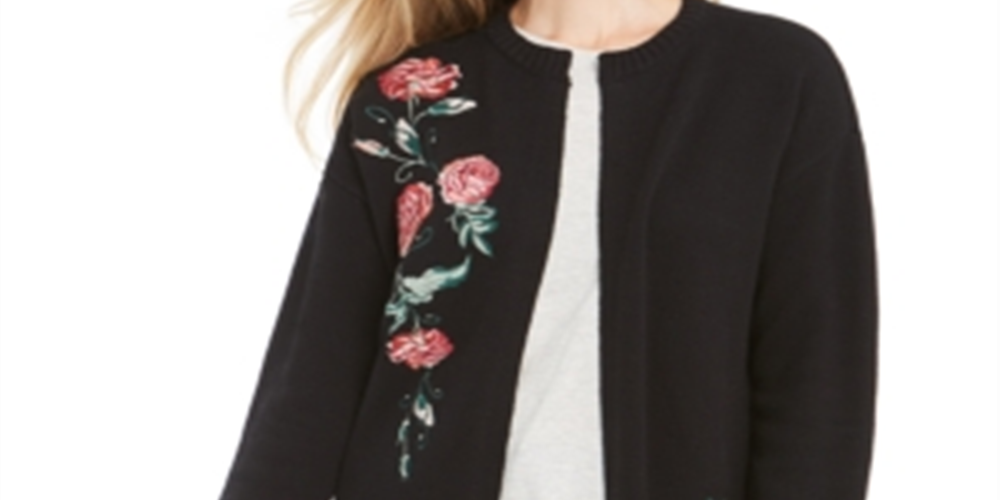 Jaqueta suéter bordada feminina Style &amp; Co, preta, tamanho pequeno