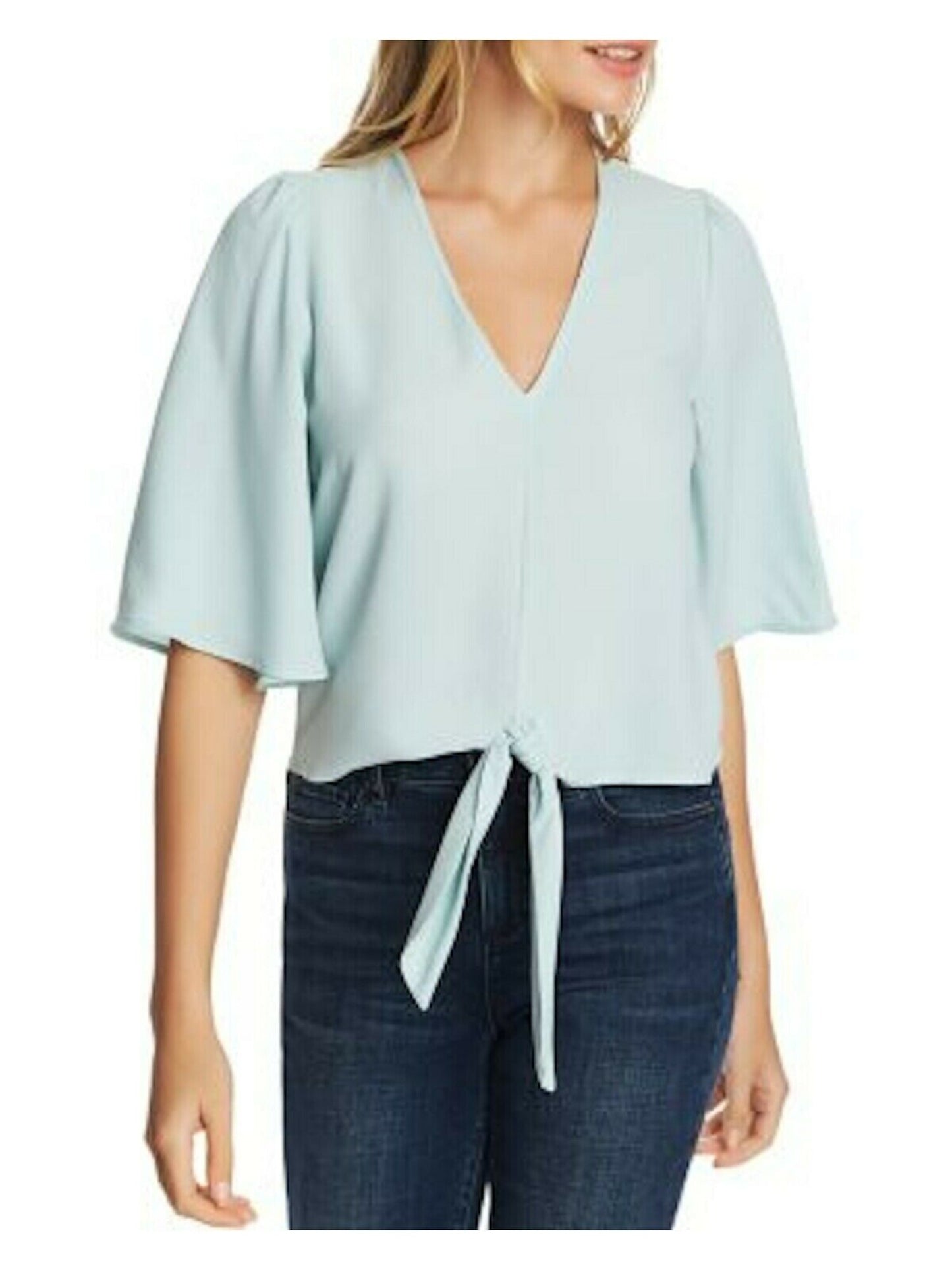 1.STATE Blusa feminina com amarração frontal e decote em V, verde, tamanho pequeno