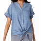 Blusa feminina Charter Club com botões frontais e bainha amarrada, azul, tamanho médio