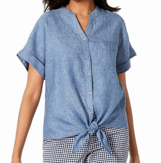 Blusa feminina Charter Club com botões frontais e bainha amarrada, azul, tamanho médio