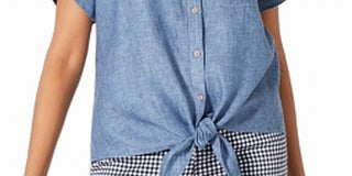 Blusa feminina Charter Club com botões frontais e bainha amarrada, azul, tamanho médio