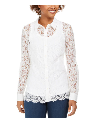 Charter Club Blusa feminina de renda, manga comprida, gola alta, botões, branca, tamanho pequeno