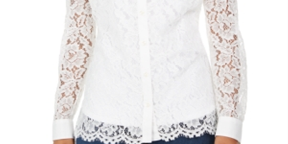 Charter Club Blusa feminina de renda, manga comprida, gola alta, botões, branca, tamanho pequeno