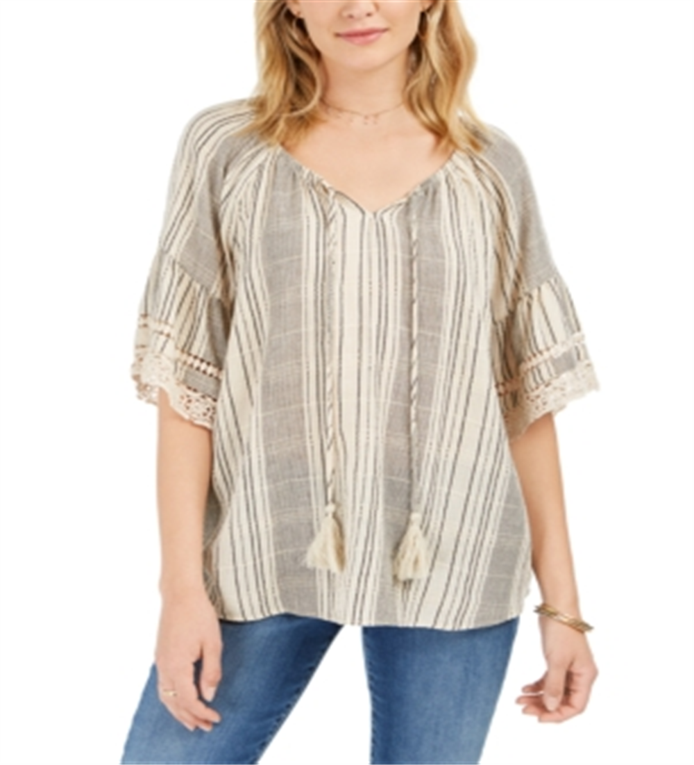 Blusa feminina estilo camponesa listrada de algodão com borlas, tamanho pequeno, branca