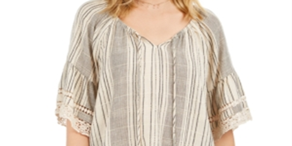 Blusa feminina estilo camponesa listrada de algodão com borlas, tamanho pequeno, branca